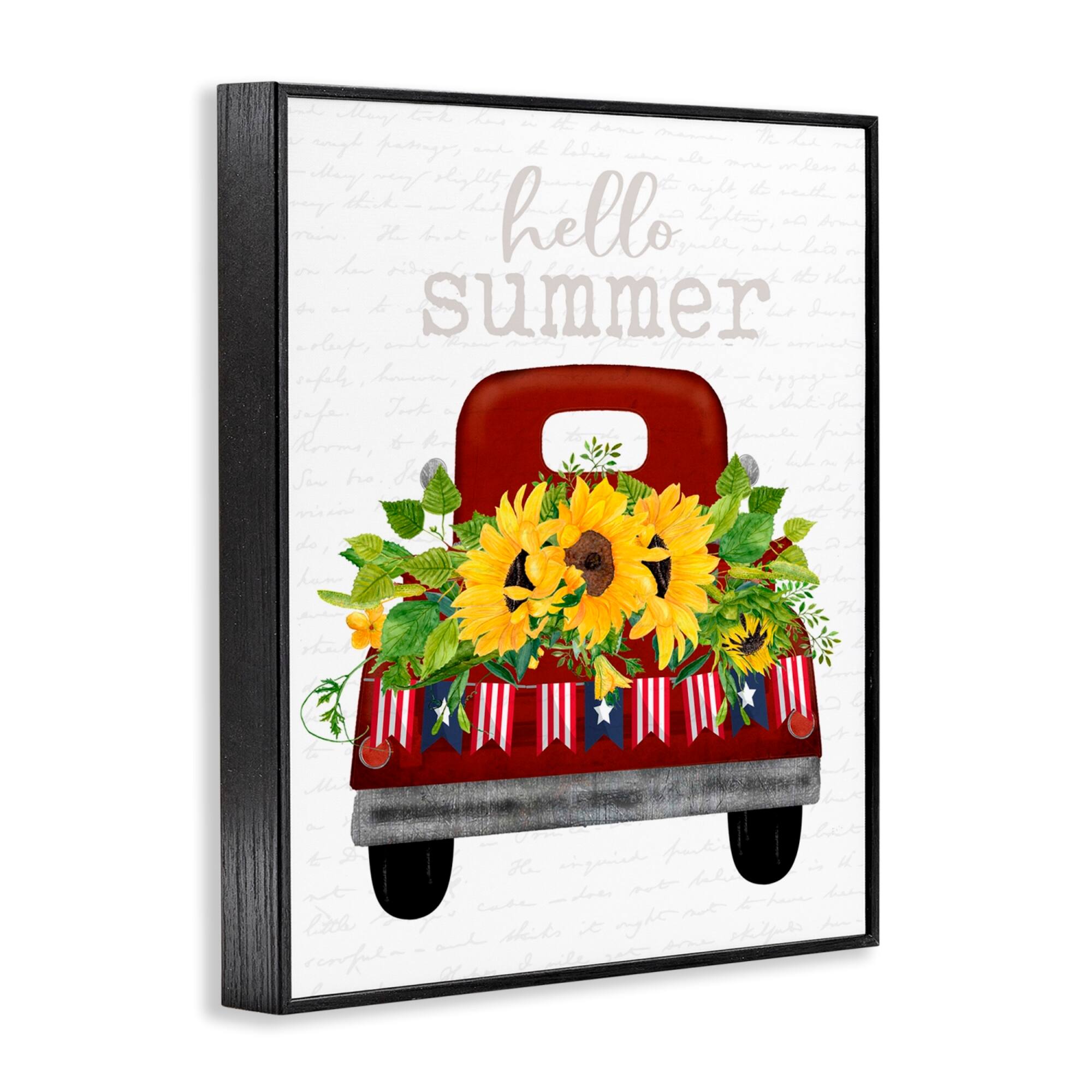 Stupell Industries Hello Summer Quote Sunflower Flower Patriotic Truck Framed Giclee Art